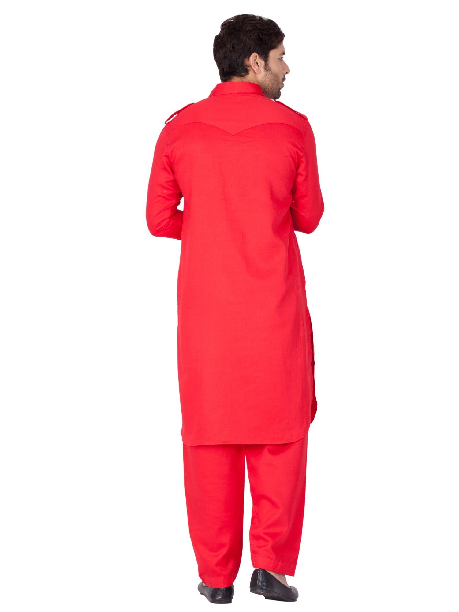 Men's Red Solid Cotton Kurta Pajama Set