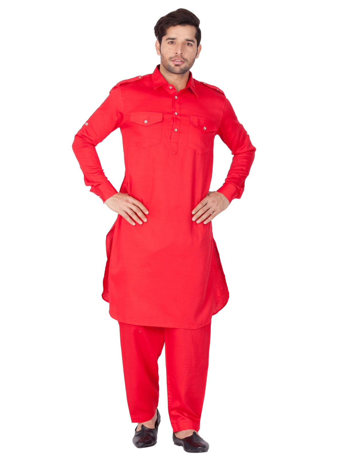 Men's Red Solid Cotton Kurta Pajama Set