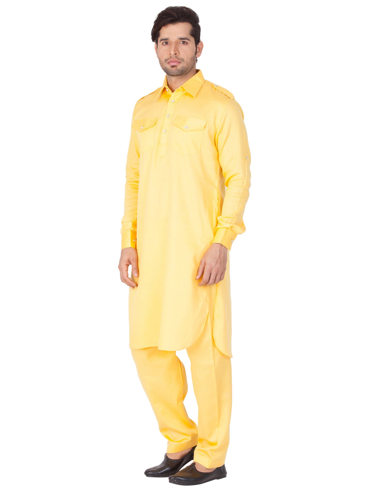 Ensemble pyjama Kurta en coton uni jaune pour homme, tenue Haldi