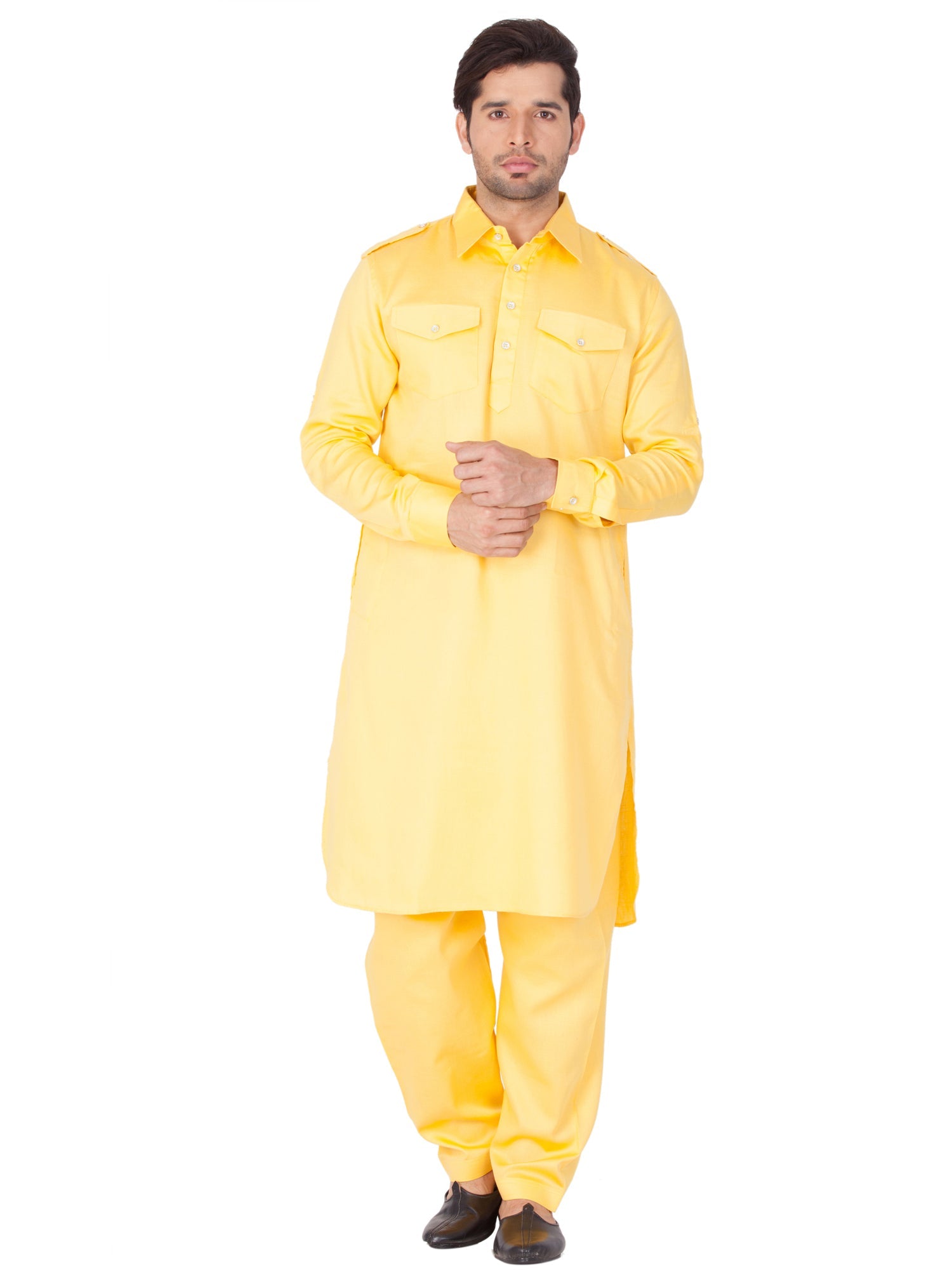 Ensemble pyjama Kurta en coton uni jaune pour homme, tenue Haldi