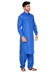 Men's Blue Solid Cotton Kurta Pajama Set