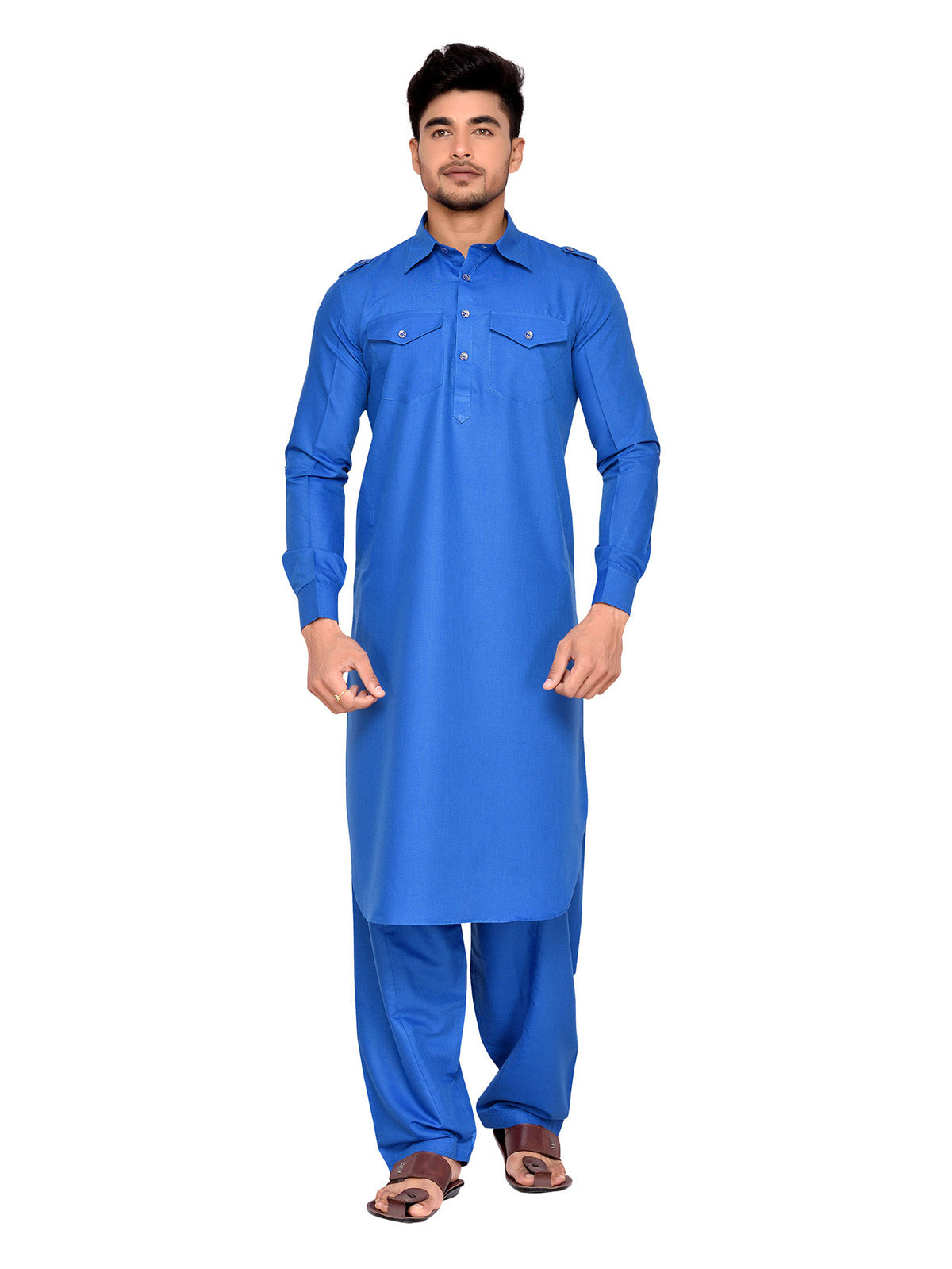 Men's Blue Solid Cotton Kurta Pajama Set