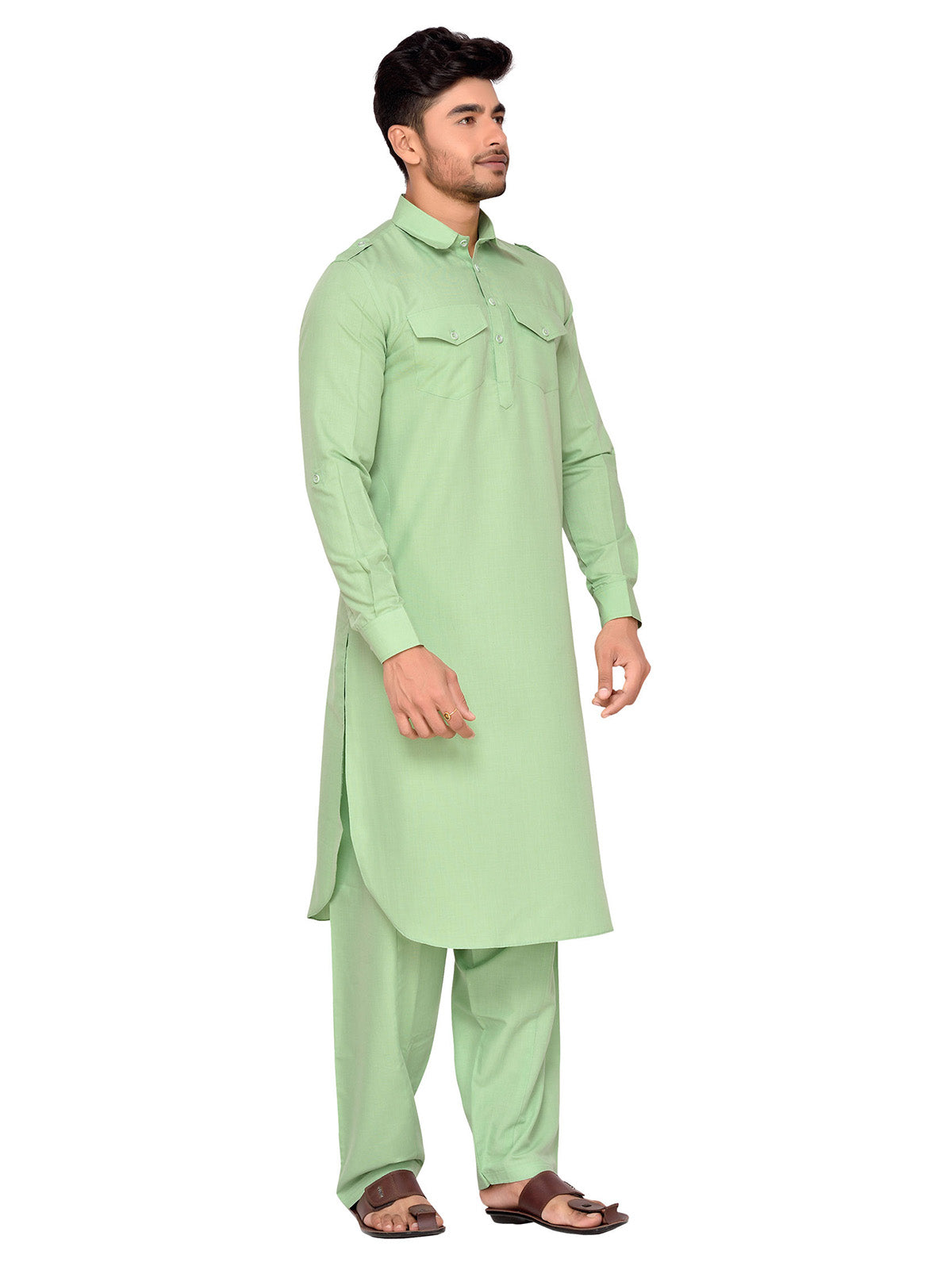 Ensemble pyjama Kurta en coton uni vert pour homme