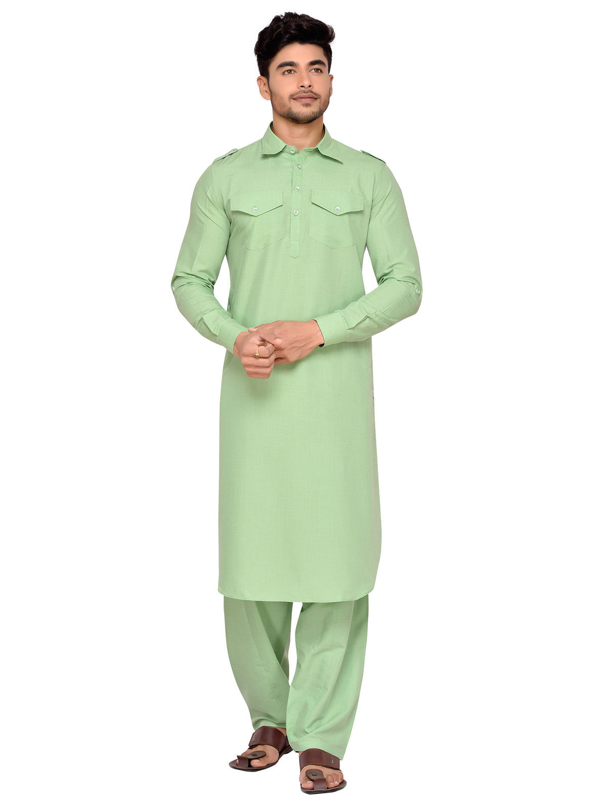 Ensemble pyjama Kurta en coton uni vert pour homme