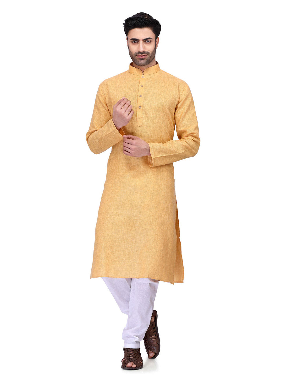 Men's Yellow Solid Cotton Kurta Pajama Set