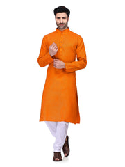 Men's Orange Solid Cotton Kurta Pajama Set