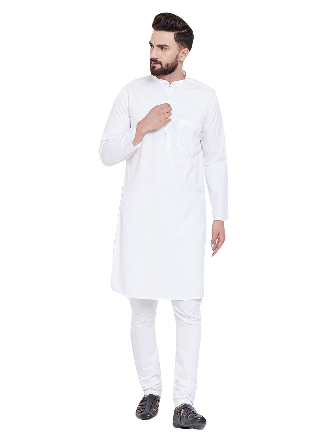 Men's White Solid Cotton Kurta Pajama Set