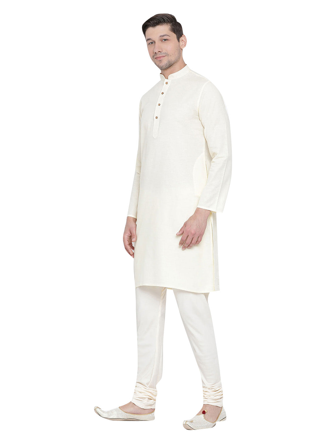 Men's Cream Solid Cotton Kurta Pajama Set