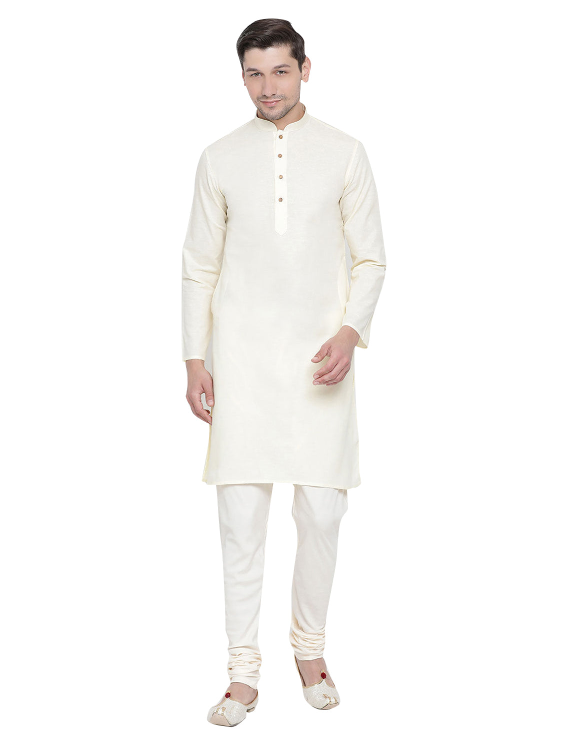 Men's Cream Solid Cotton Kurta Pajama Set