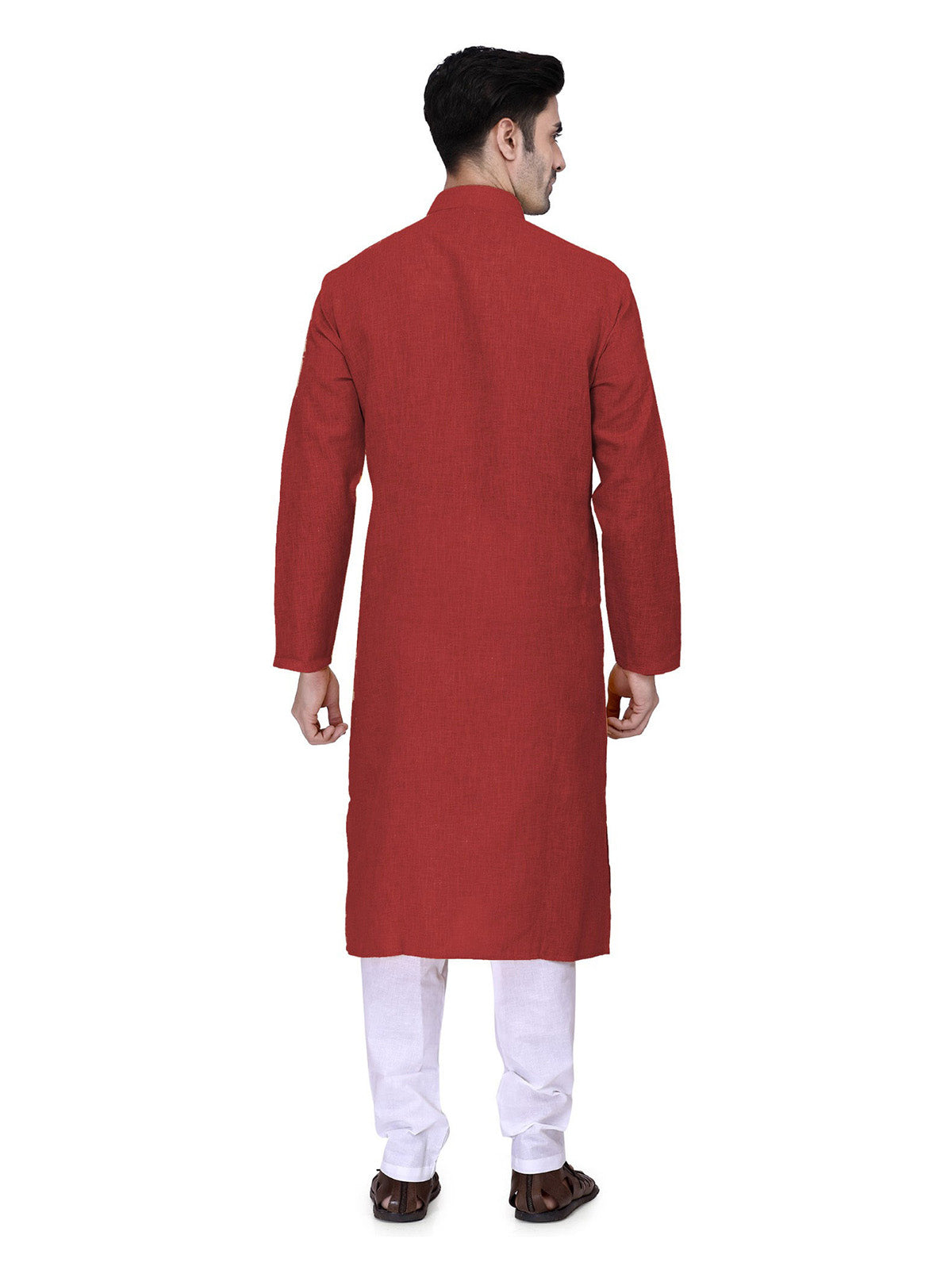 Men's Red Solid Tunic Cotton Kurta Pajama Set