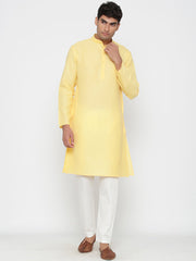 Men's Yellow Solid Cotton Kurta Pajama Set Haldi Outfit