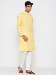 Men's Yellow Solid Cotton Kurta Pajama Set Haldi Outfit