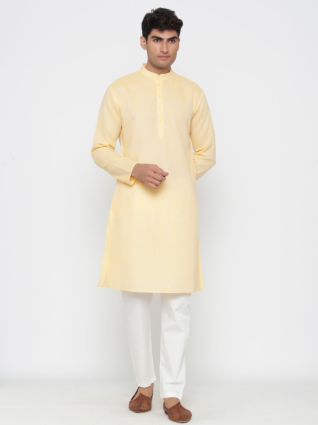 Men's Yellow Solid Tunic Cotton Kurta Pajama Set