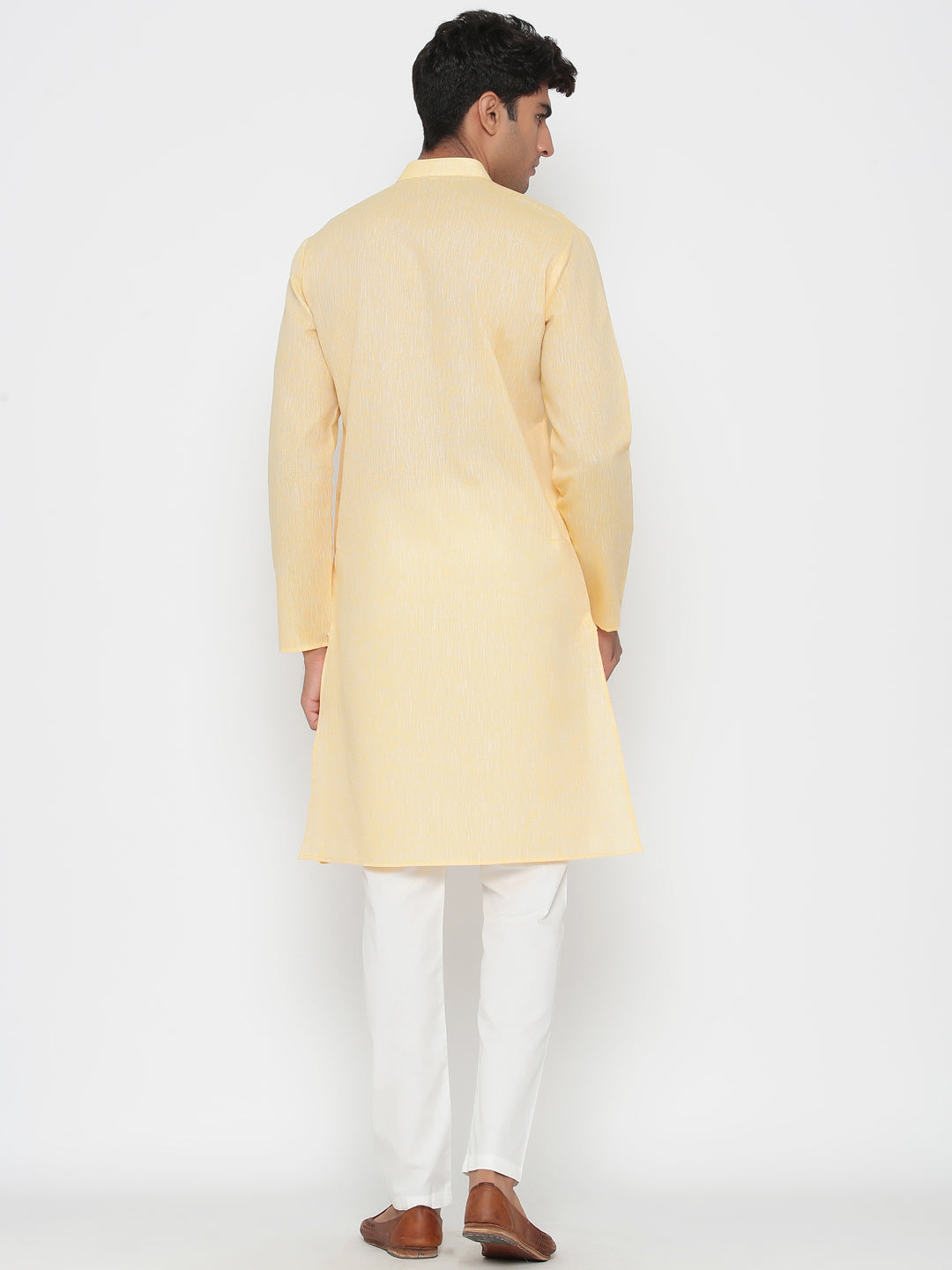 Men's Yellow Solid Tunic Cotton Kurta Pajama Set