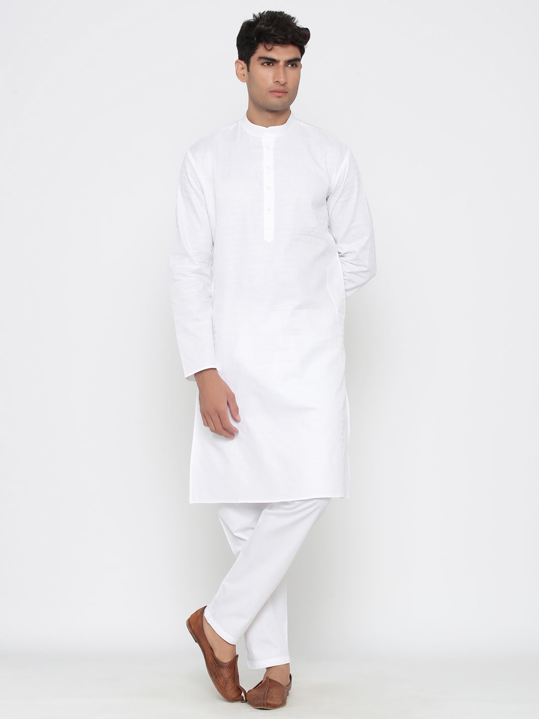 Men's White Solid Tunic Cotton Kurta Pajama Set