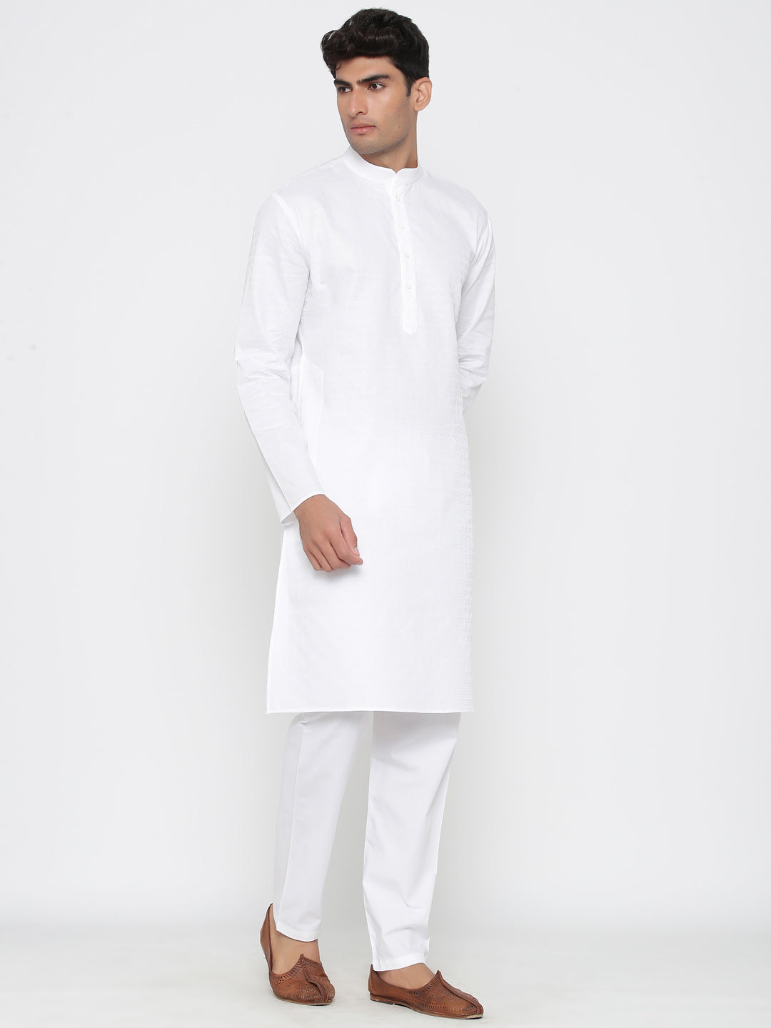 Men's White Solid Tunic Cotton Kurta Pajama Set