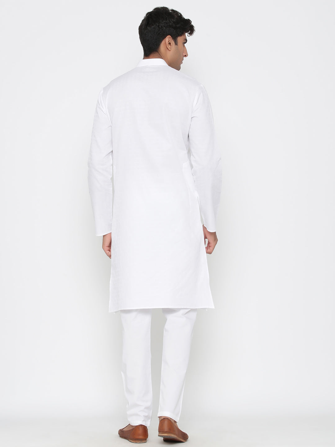 Men's White Solid Tunic Cotton Kurta Pajama Set