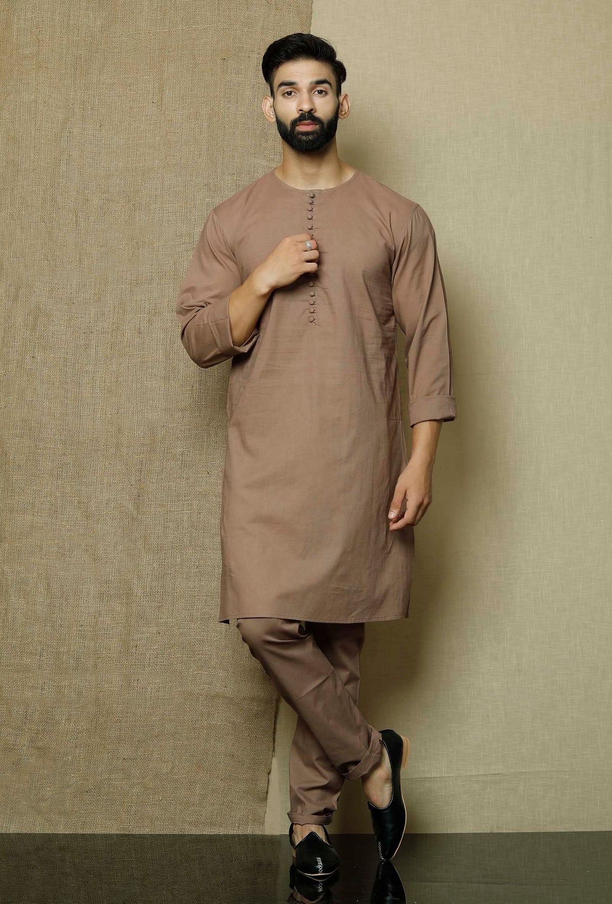 Men's Brown SolidTunic Cotton Kurta Pajama Set