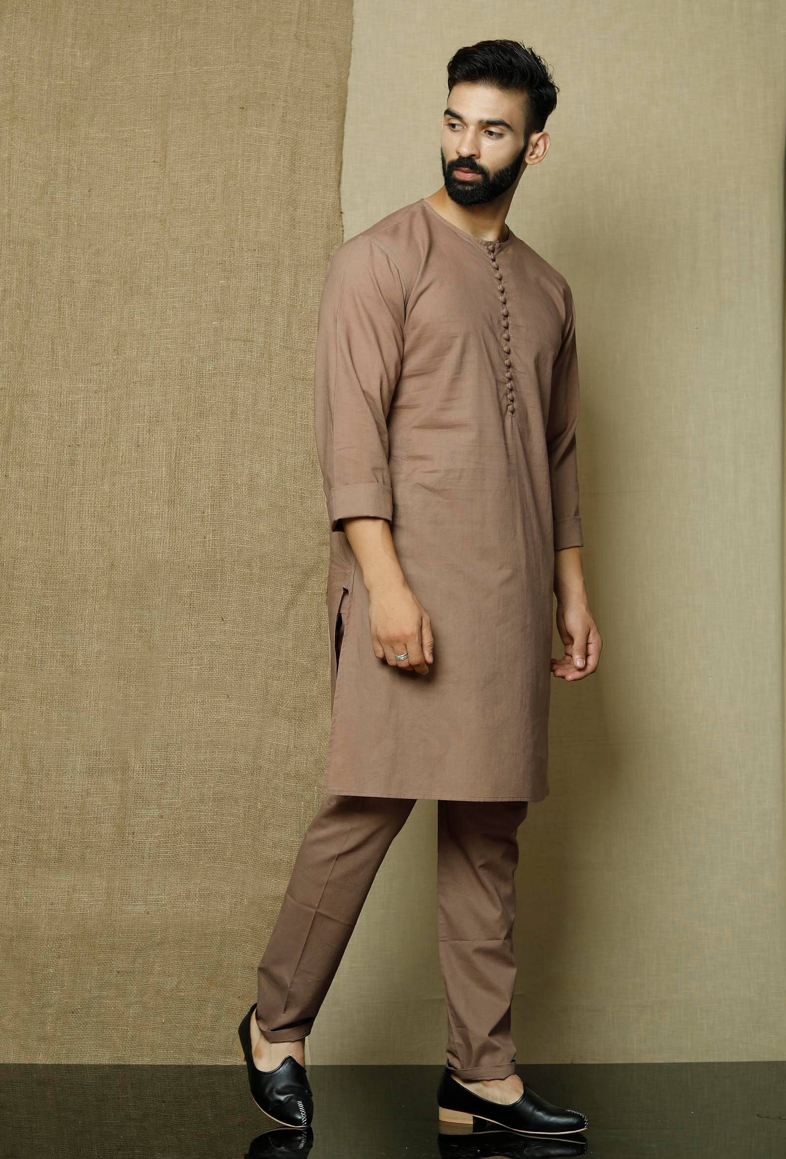 Men's Brown SolidTunic Cotton Kurta Pajama Set