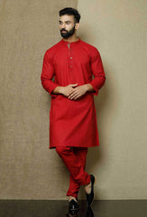 Men's Red Solid Tunic Cotton Kurta Pajama Set