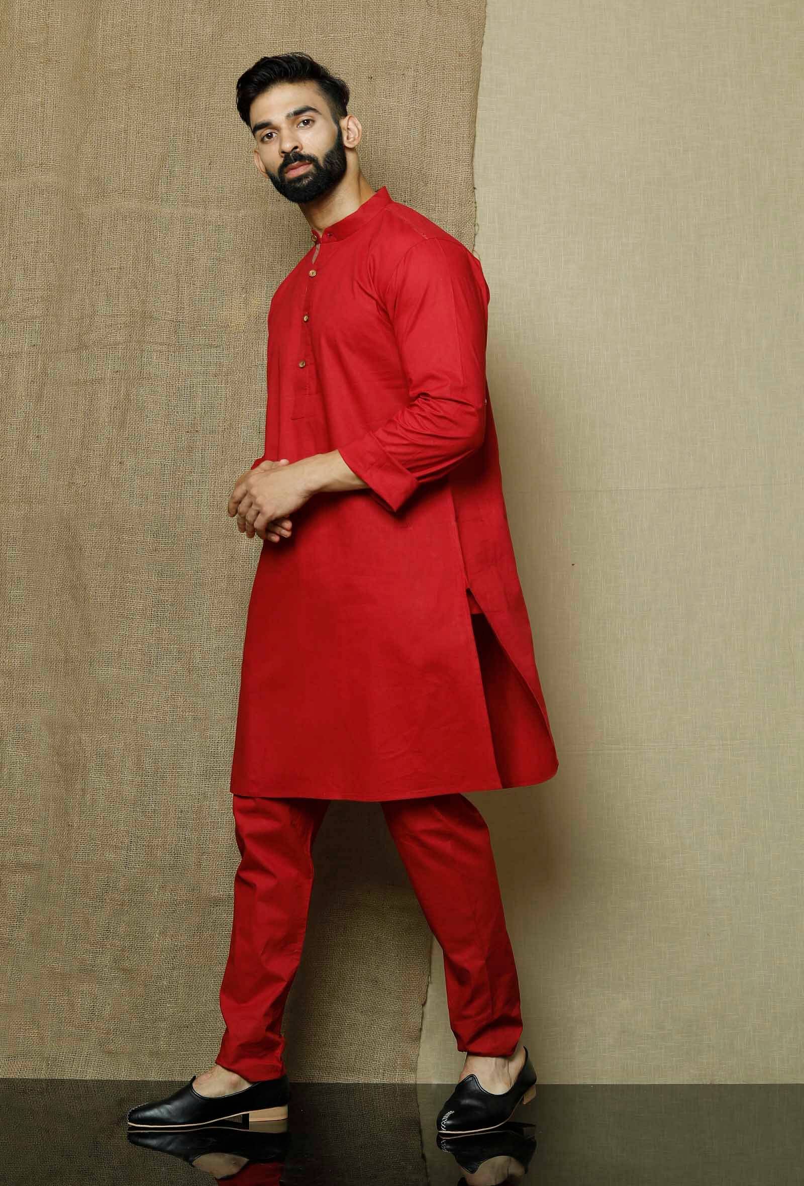 Men's Red Solid Tunic Cotton Kurta Pajama Set