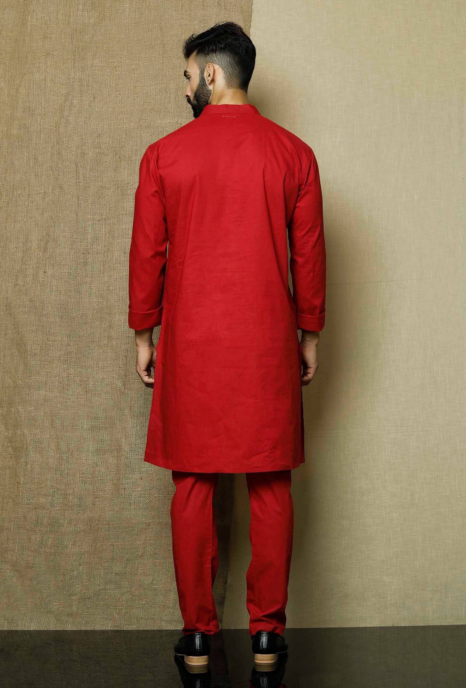 Men's Red Solid Tunic Cotton Kurta Pajama Set