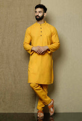 Men's Yellow Solid Cotton Kurta Pajama Set Haldi Outfit