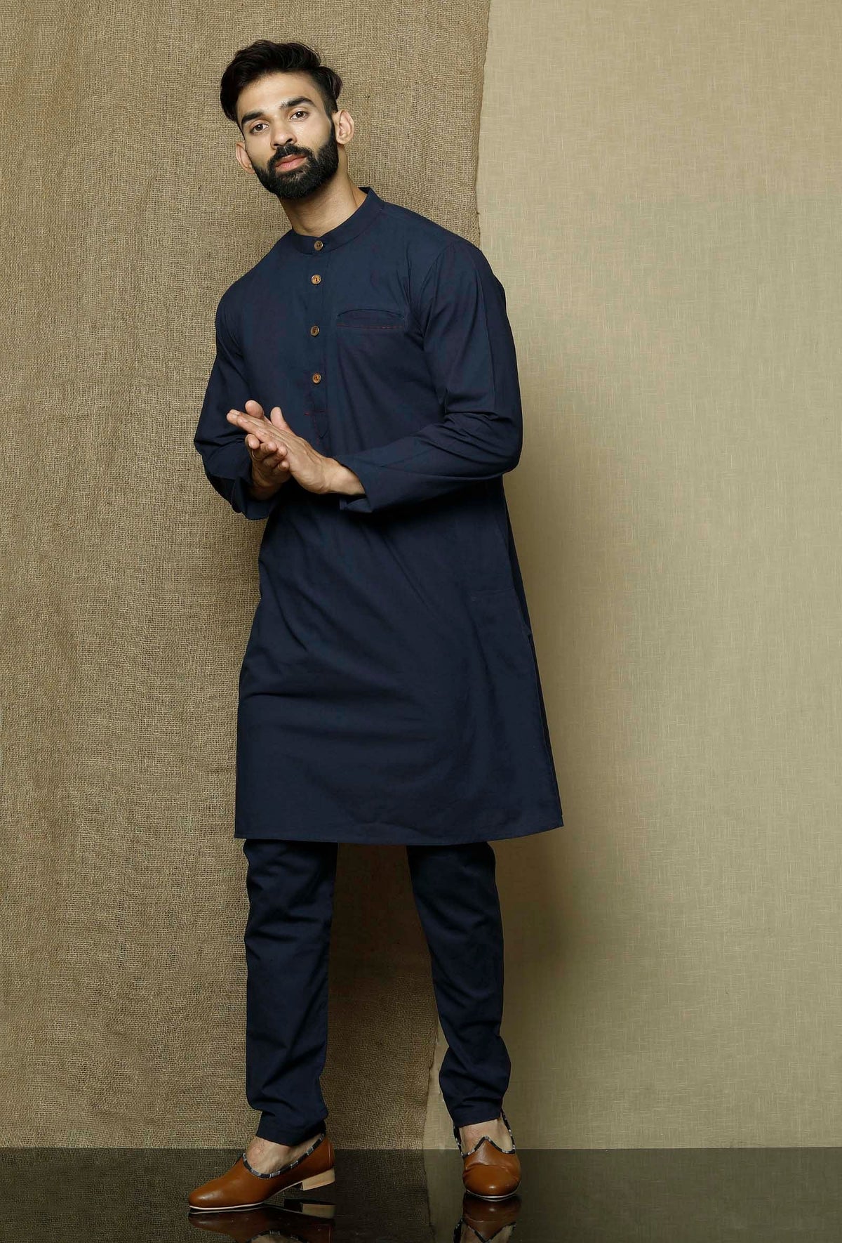 Men's Blue Solid Tunic Cotton Kurta Pajama Set