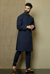 Men's Blue Solid Tunic Cotton Kurta Pajama Set