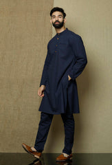 Men's Blue Solid Tunic Cotton Kurta Pajama Set