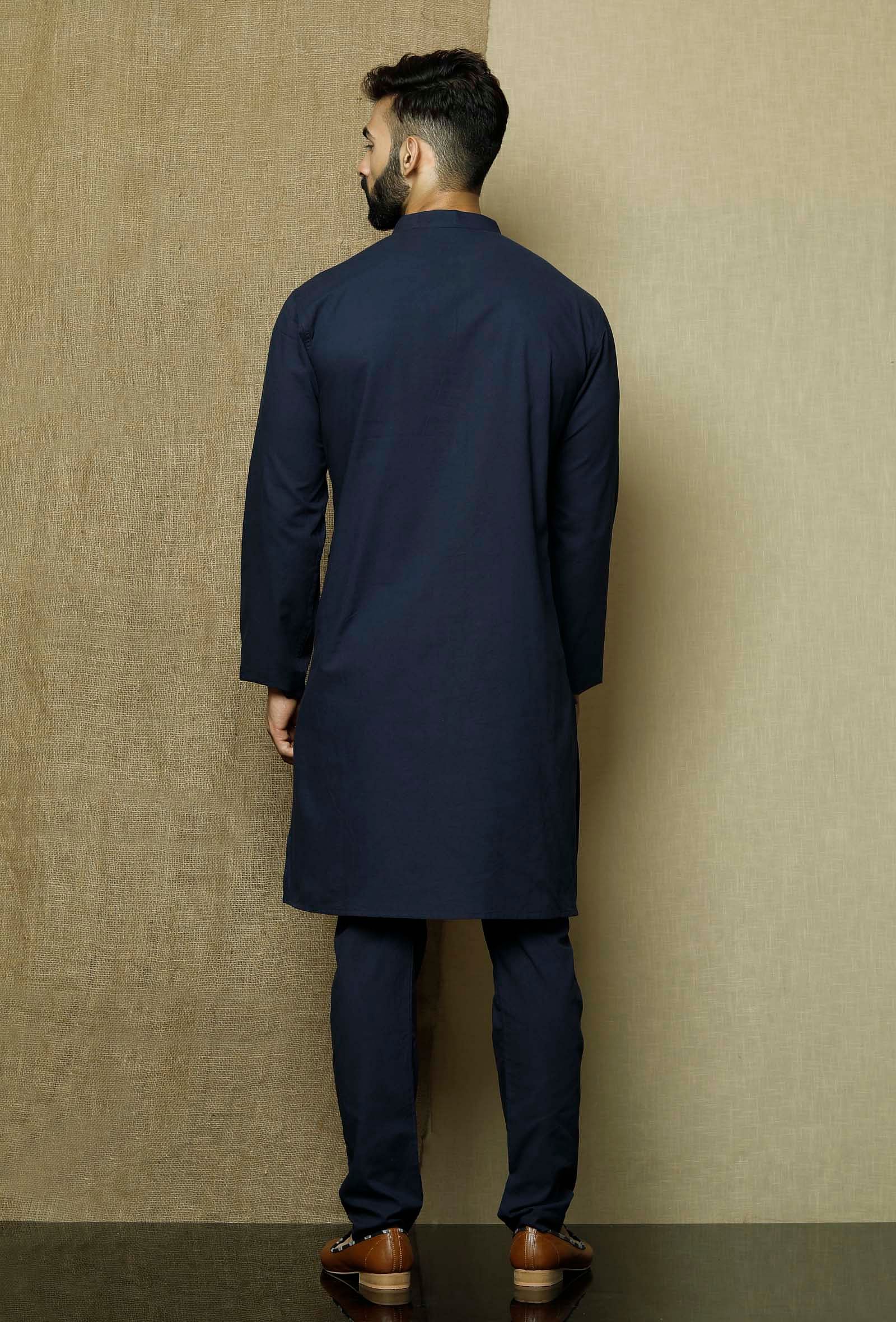 Men's Blue Solid Tunic Cotton Kurta Pajama Set