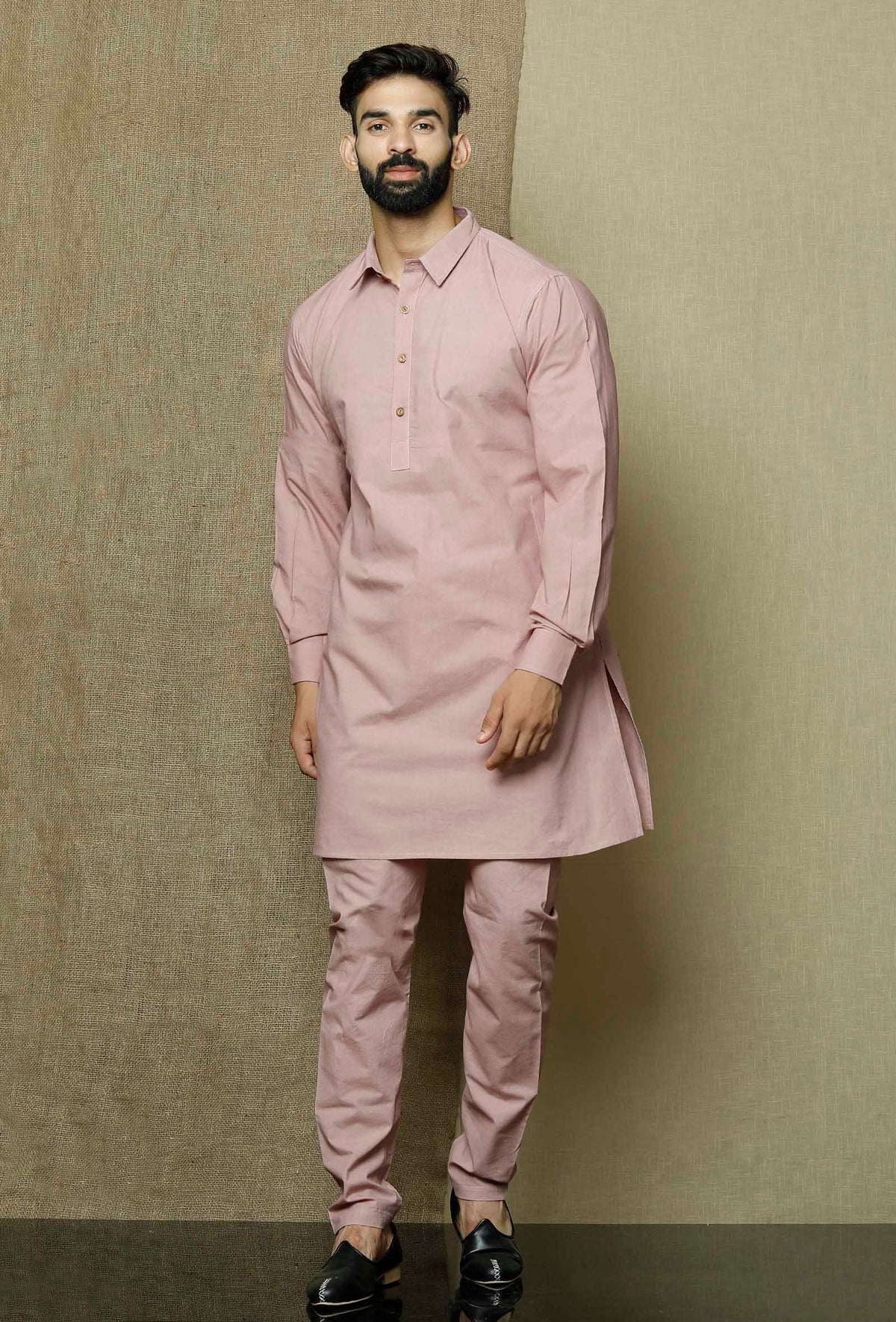 Men's Pink Solid Tunic Cotton Kurta Pajama Set