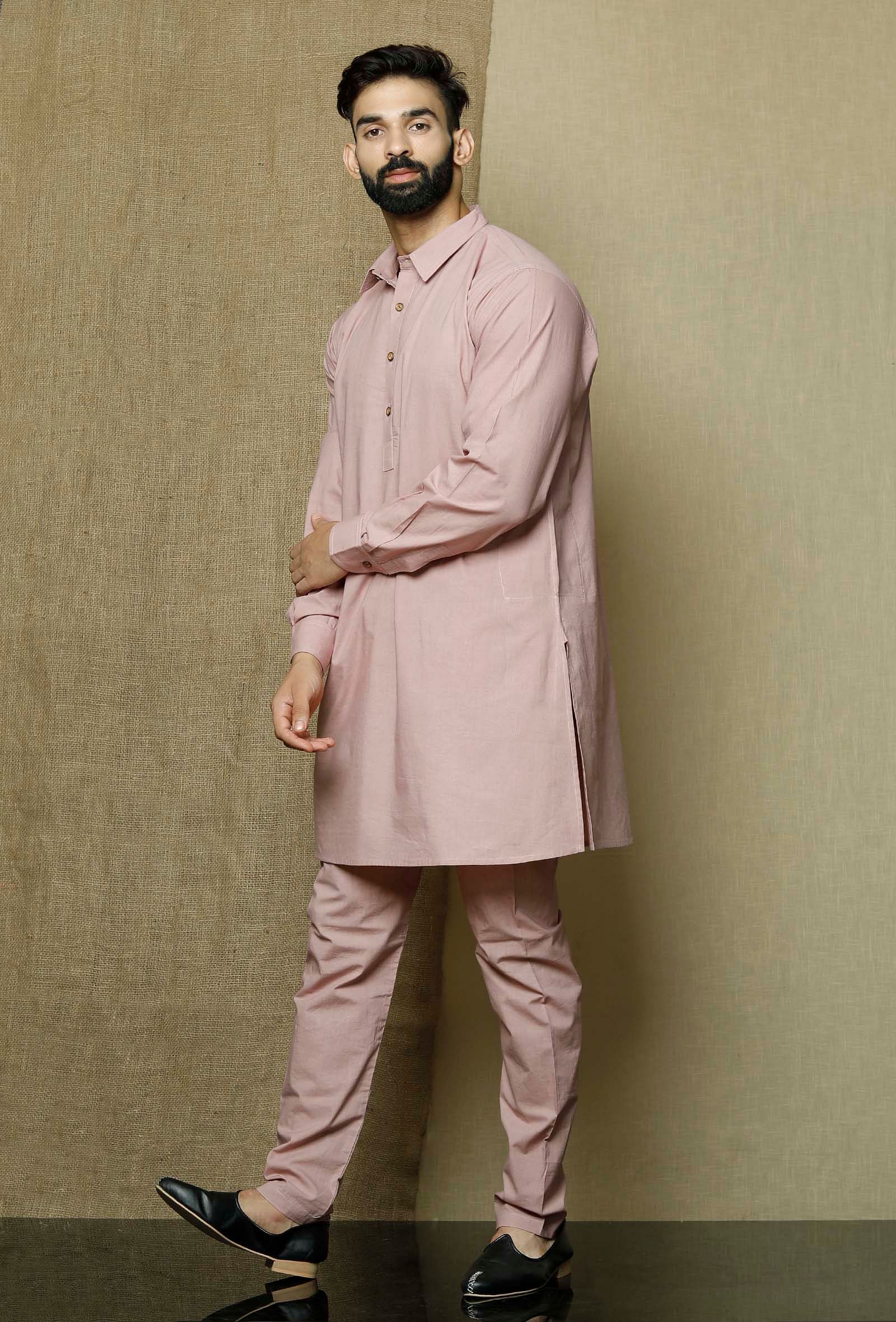 Men's Pink Solid Tunic Cotton Kurta Pajama Set