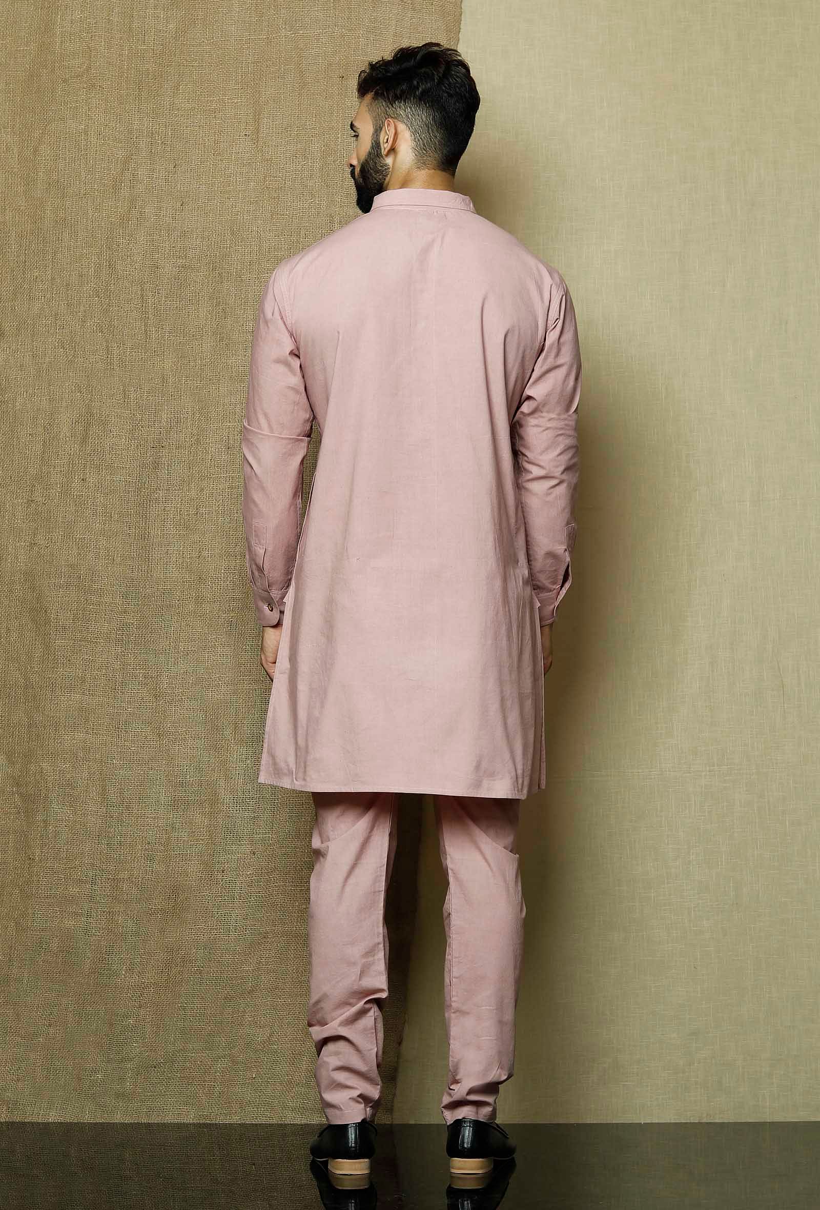 Men's Pink Solid Tunic Cotton Kurta Pajama Set