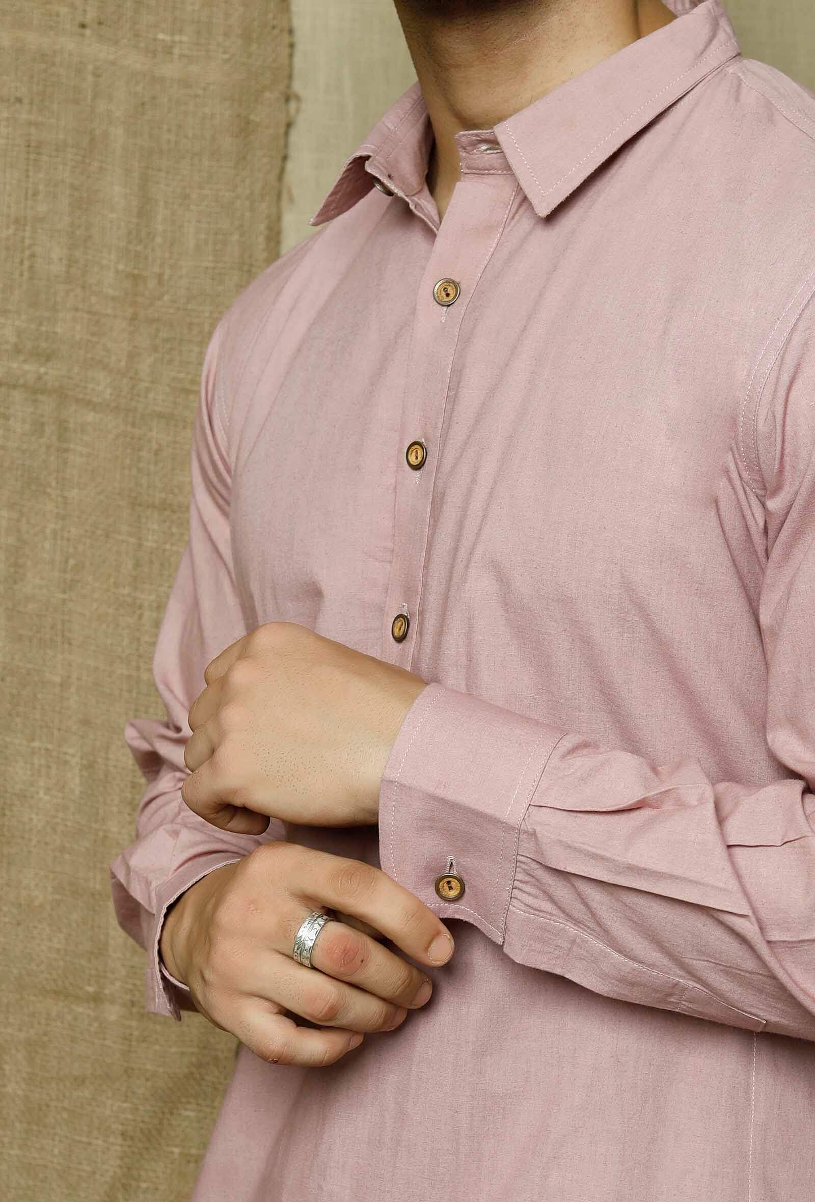 Men's Pink Solid Tunic Cotton Kurta Pajama Set