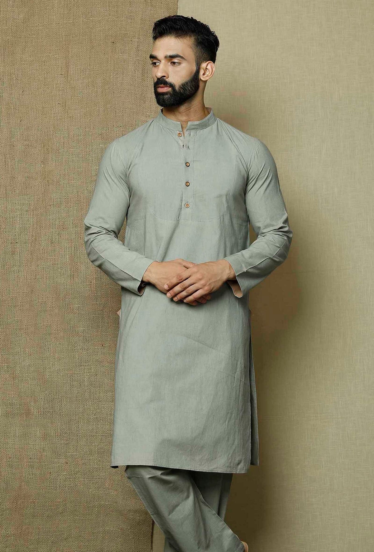 Men's Grey Solid Cotton Kurta Pajama Set