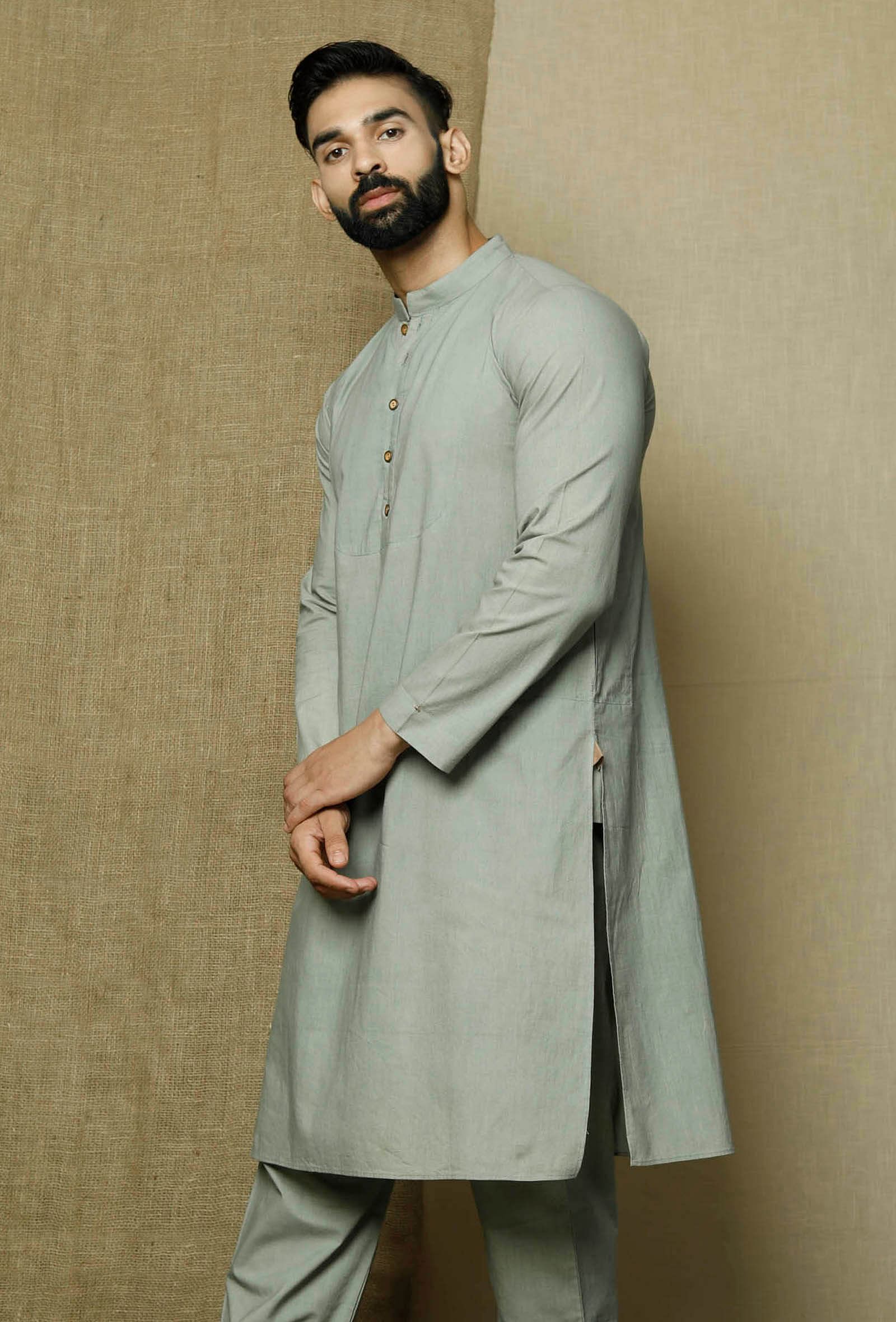 Men's Grey Solid Cotton Kurta Pajama Set