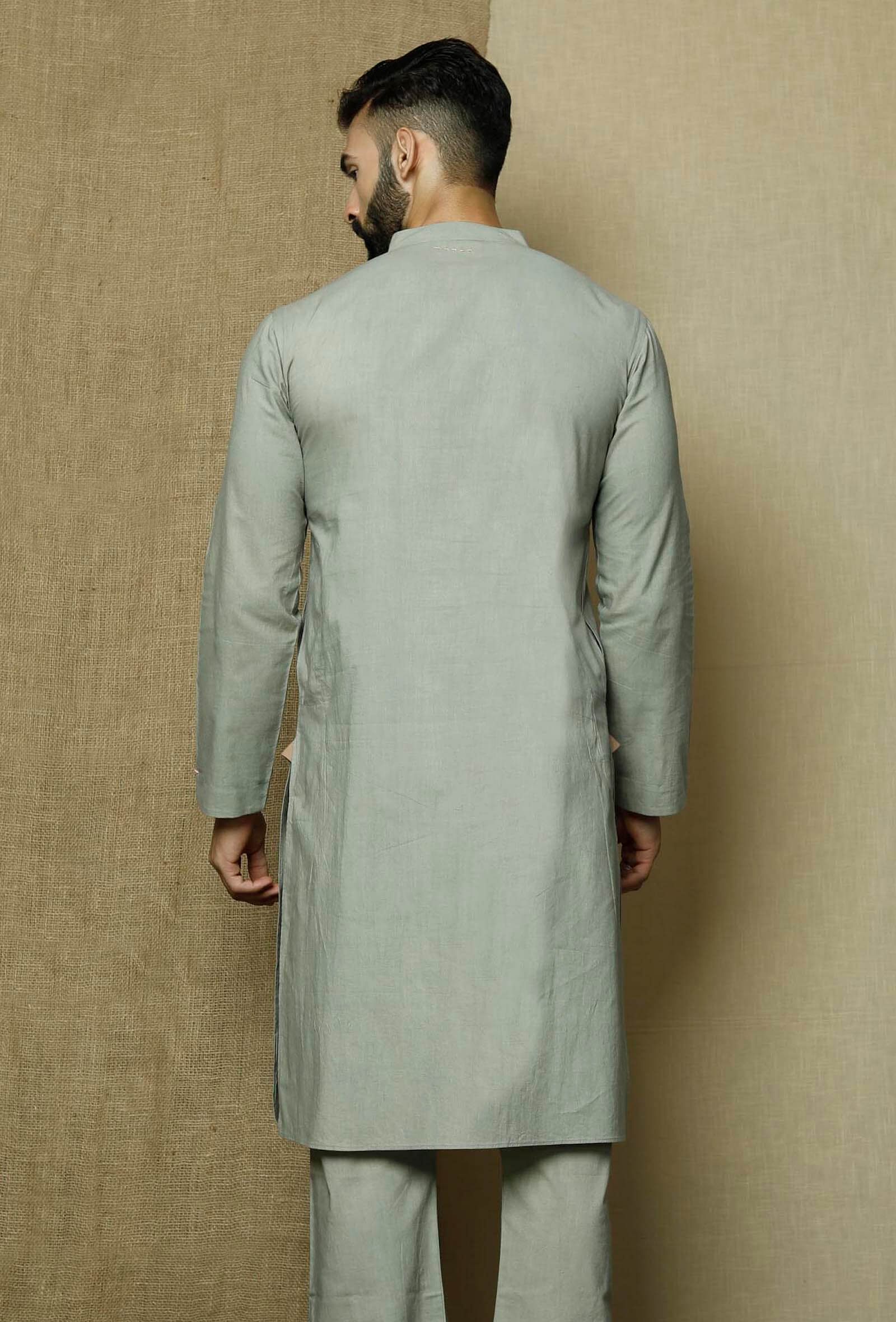 Men's Grey Solid Cotton Kurta Pajama Set