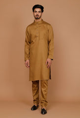 Men's Golden Brown Solid Tunic Cotton Kurta Pajama Set