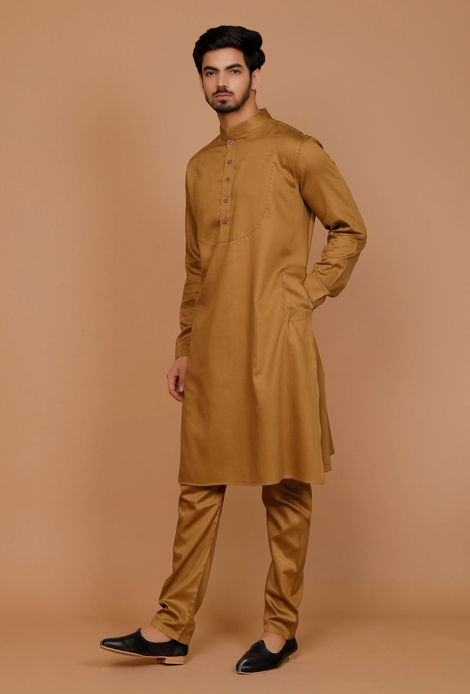 Men's Golden Brown Solid Tunic Cotton Kurta Pajama Set