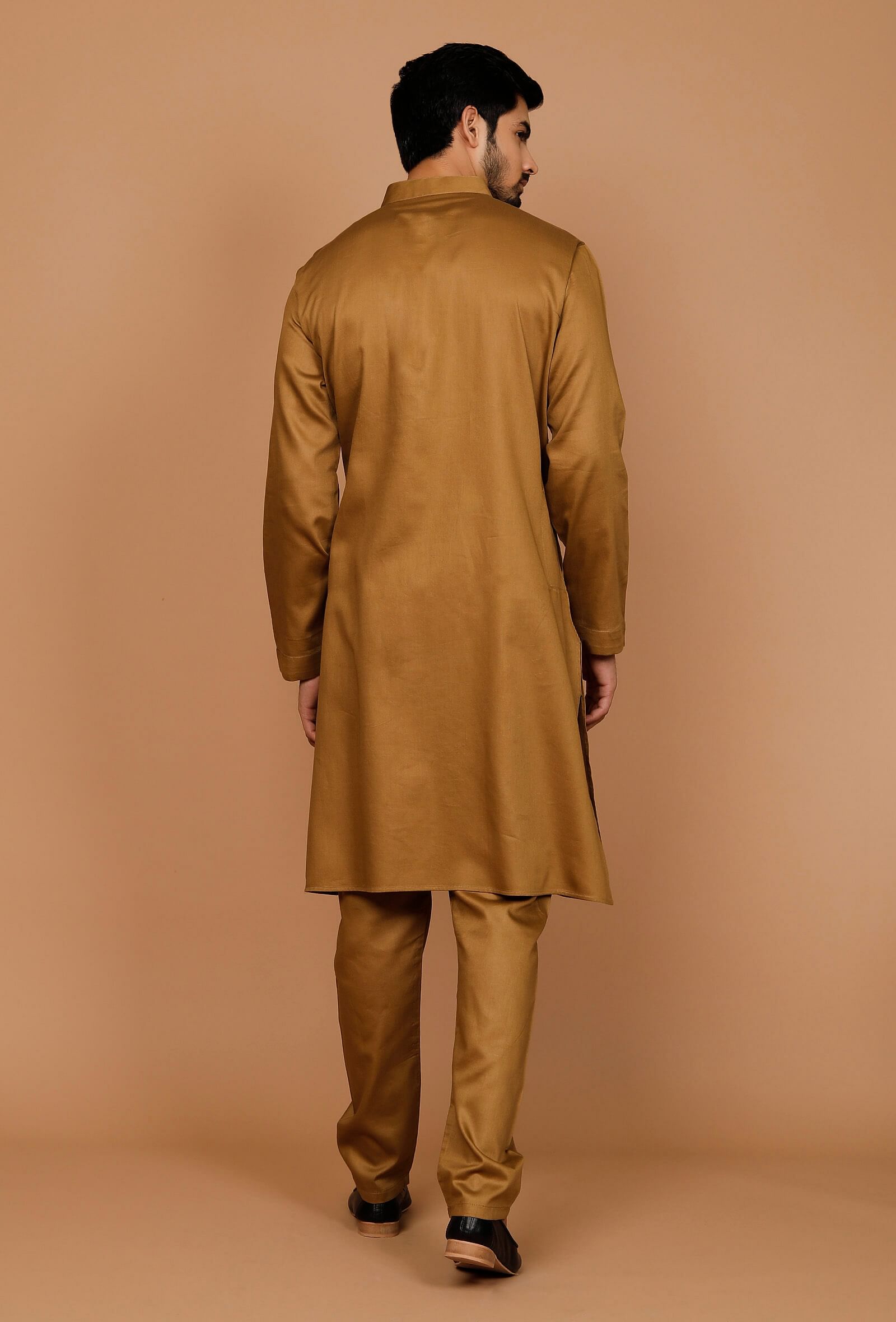 Men's Golden Brown Solid Tunic Cotton Kurta Pajama Set