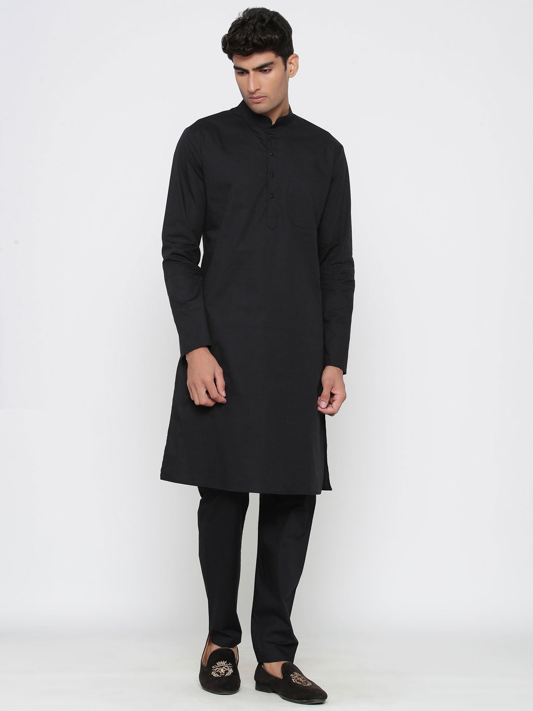 Men's Black Solid Tunic Cotton Kurta Pajama Set