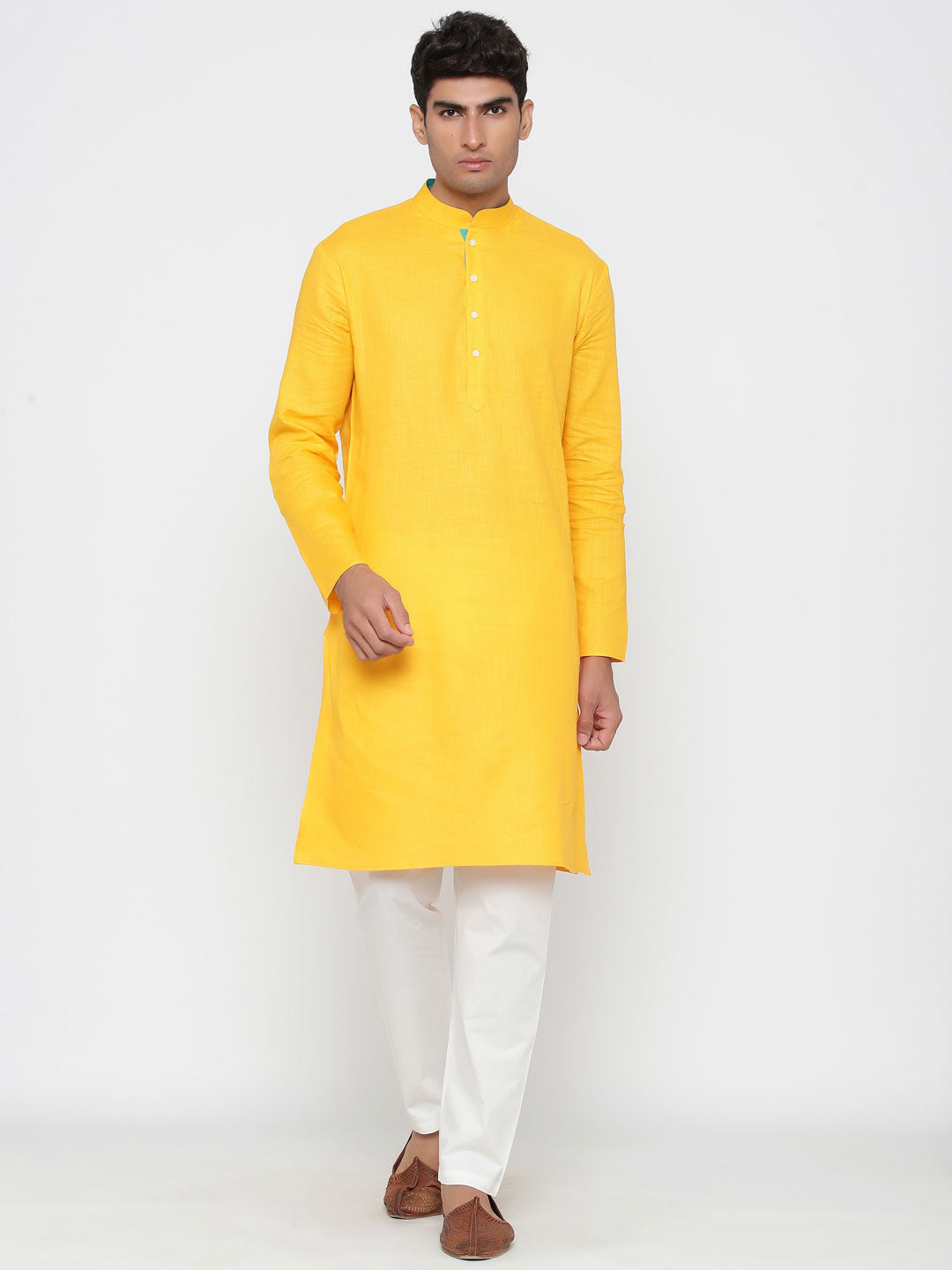 Men's Yellow Tunic Cotton Kurta Pajama Set Haldi Outfit