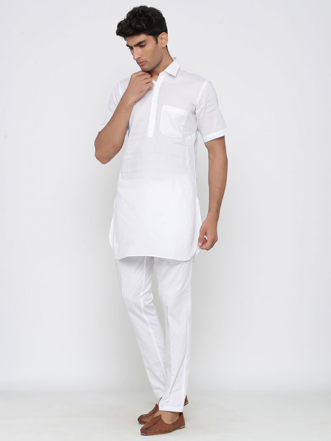 Men's White Solid Tunic Cotton Kurta Pajama Set