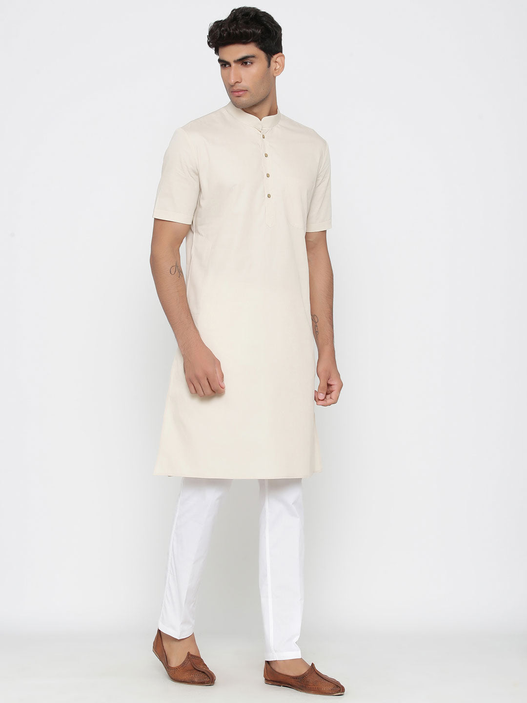 Men's Off white Solid Cotton Kurta Pajama Set