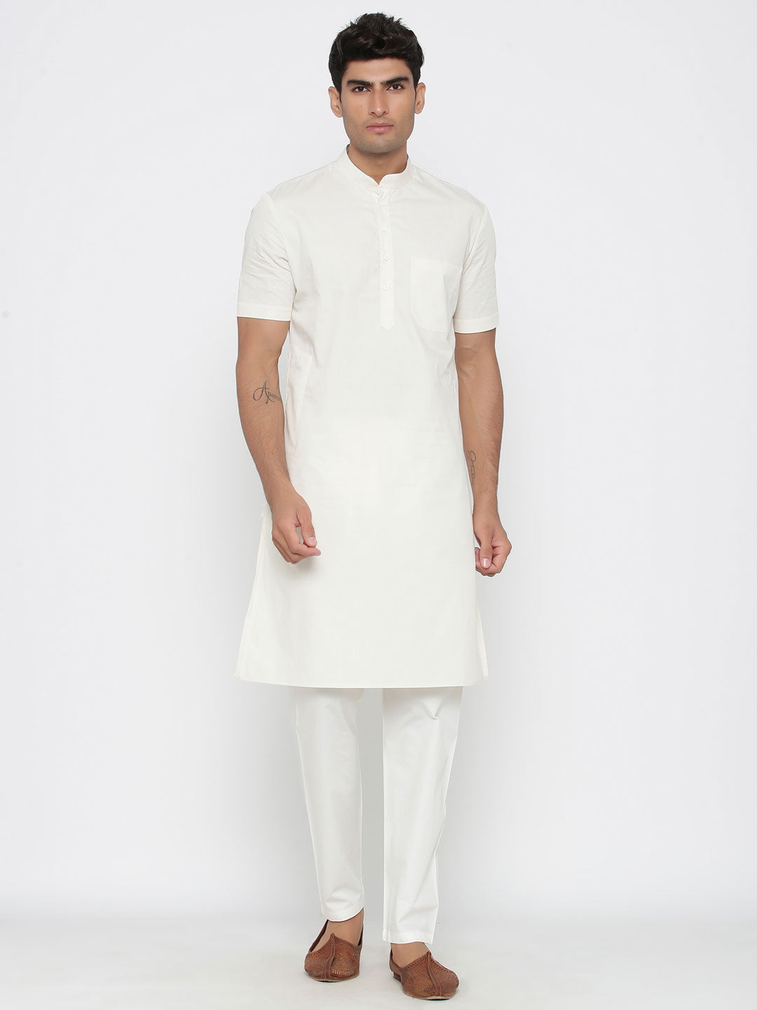 Men's White Solid Cotton Kurta Pajama Set