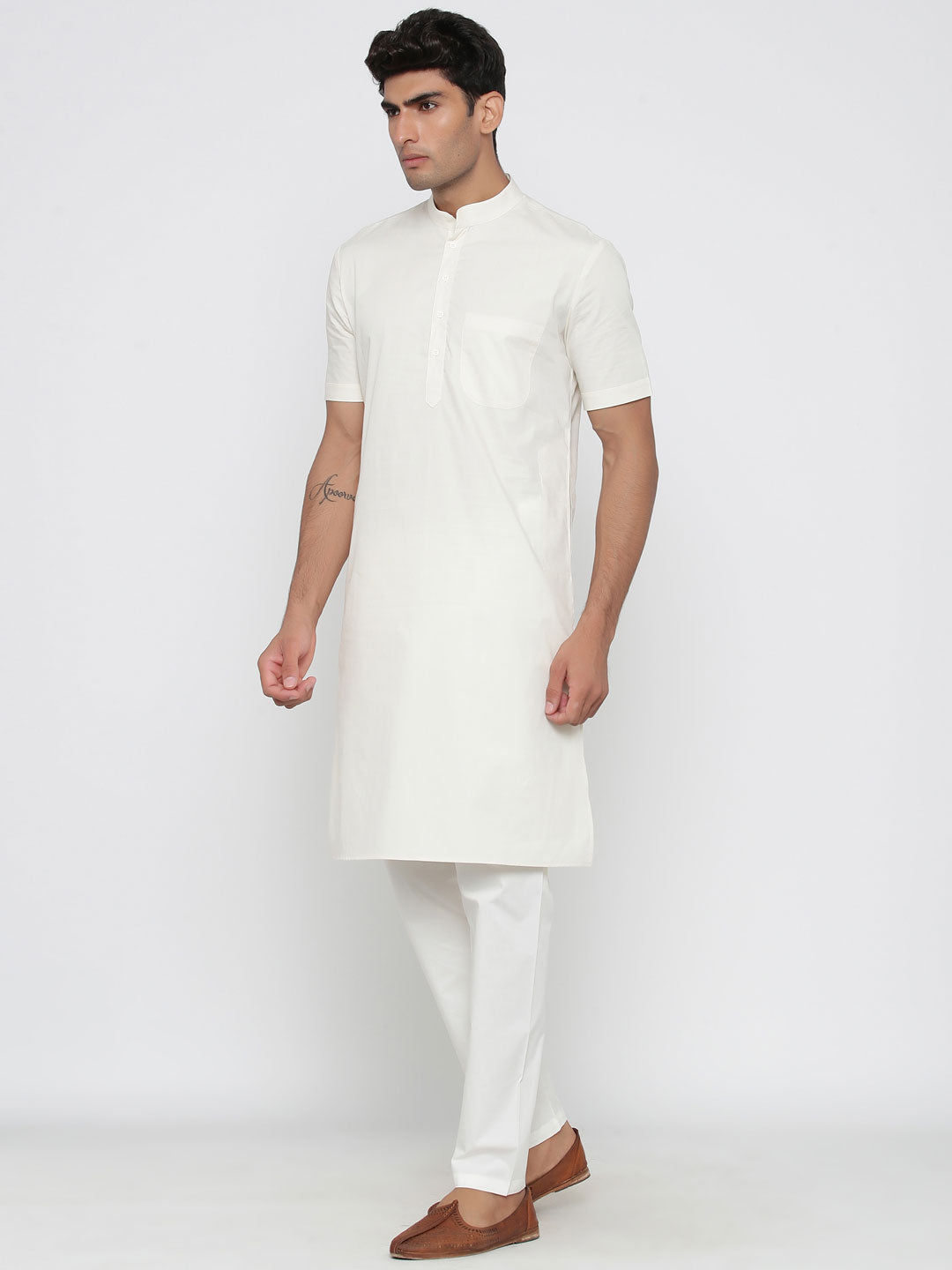 Men's White Solid Cotton Kurta Pajama Set