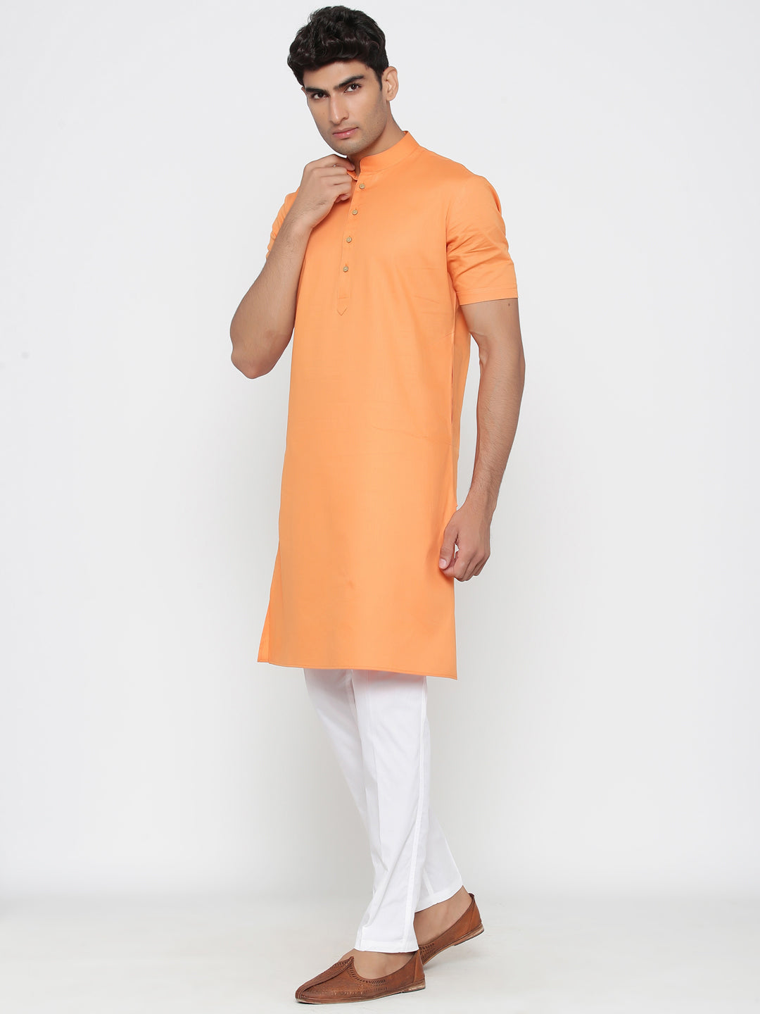 Ensemble pyjama Kurta en coton uni orange pour homme