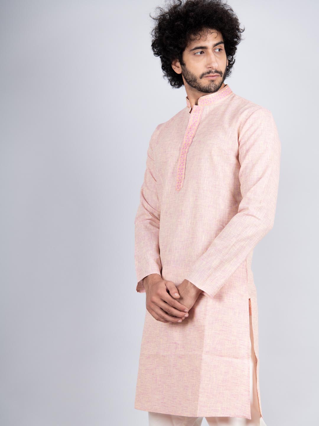 Men's Pink Solid Tunic Cotton Kurta Pajama Set