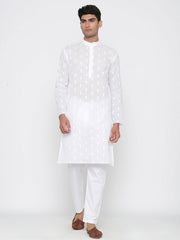 Men's White Solid Butti Tunic Cotton Kurta Pajama Set